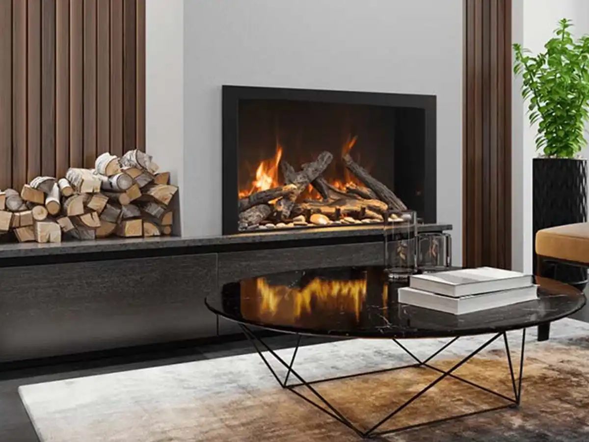 Traditional-style electric fireplace in a contemporary living room, reflected in a glass coffee table