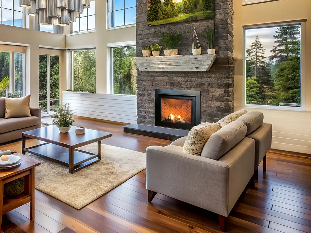Vision gas fireplace in a bright living room with large windows and a sofa