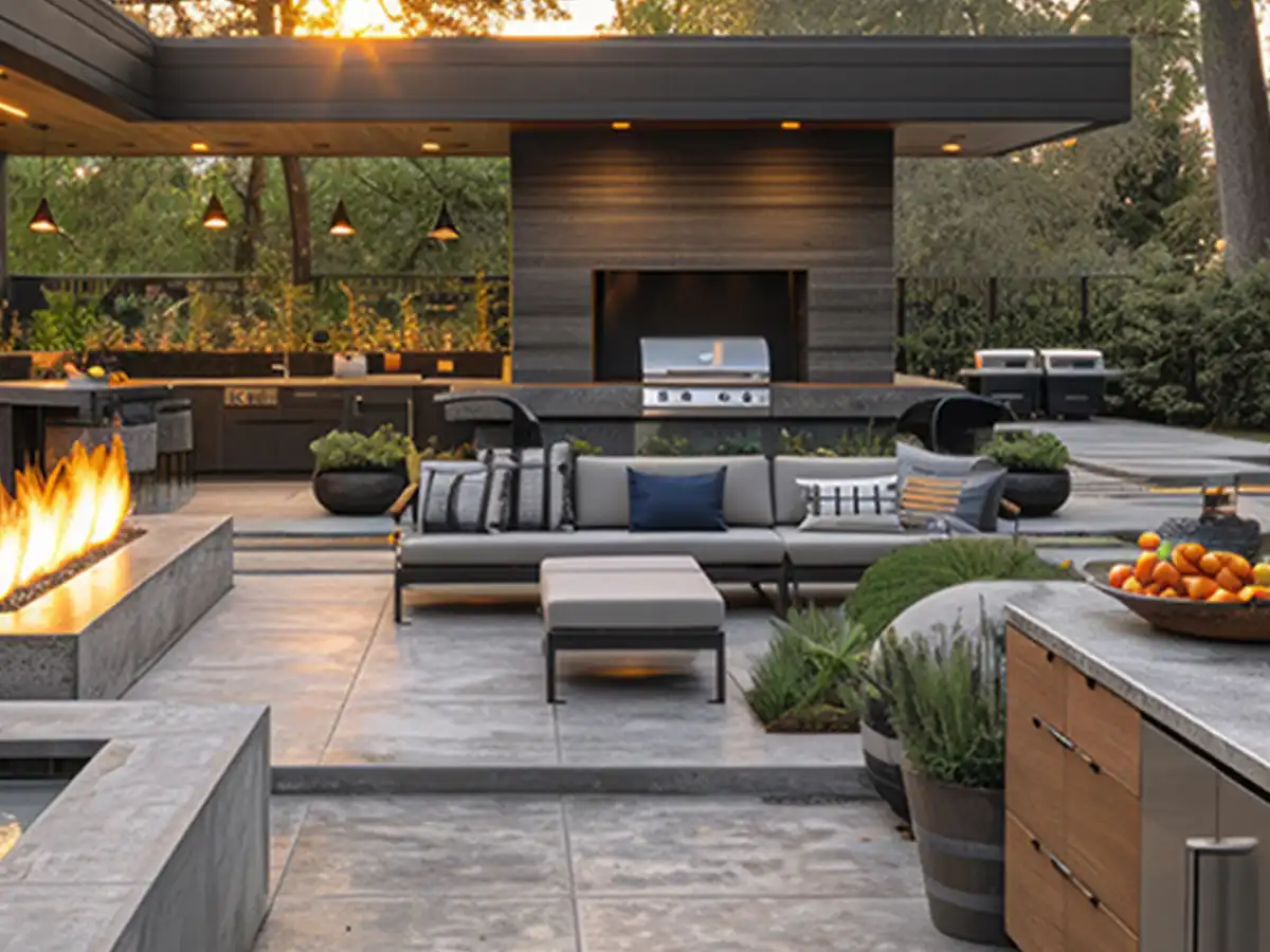 Contemporary outdoor living space with a fire table, built-in grills and comfortable patio seating