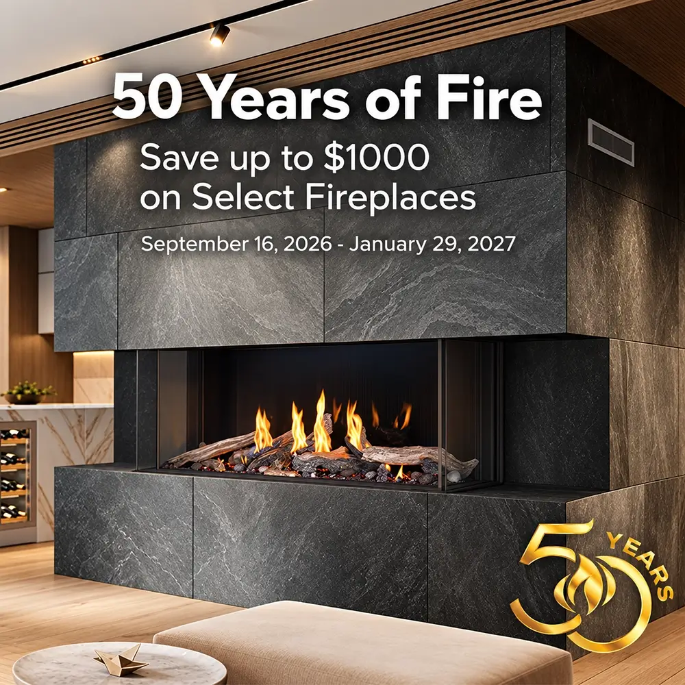 Napoleon 50 Years of Fire promotion with savings up to $1,000 on select fireplaces
